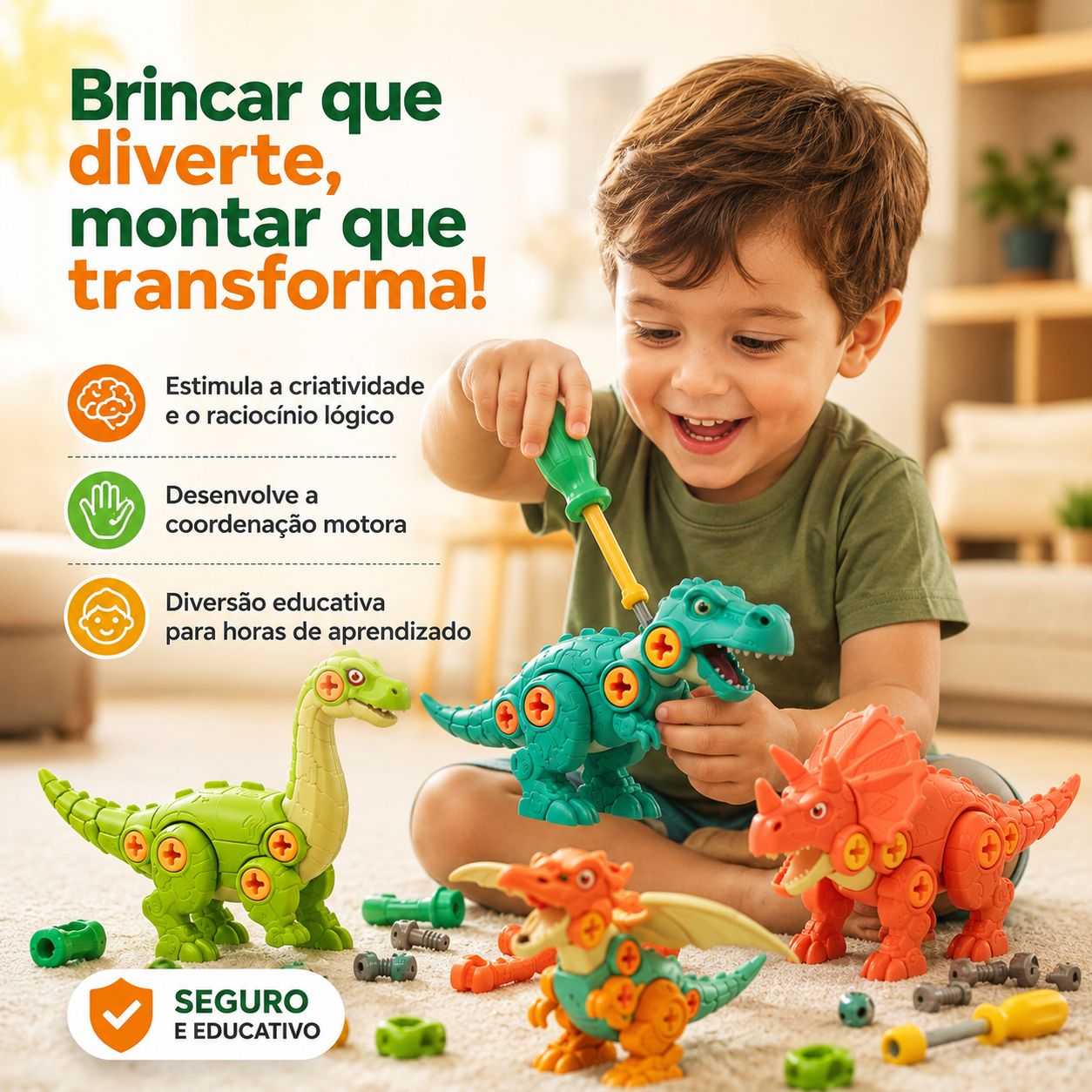Dinossauro de Montar Infantil – Brinquedo Educativo com Parafusos + Ferramentas Grátis