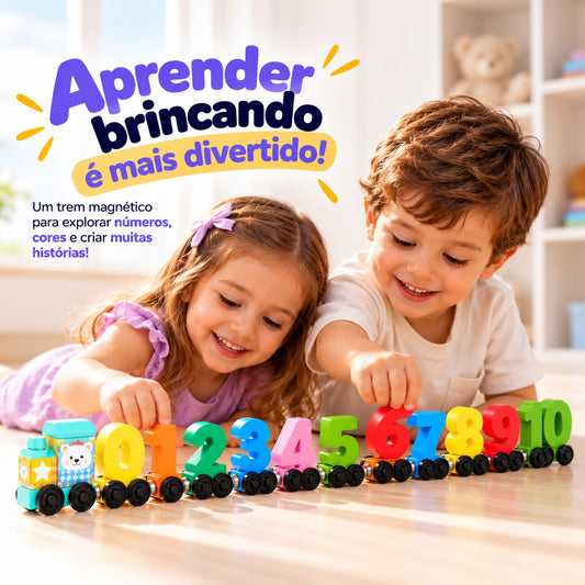 Trem magnético de madeira com números de 0 a 10