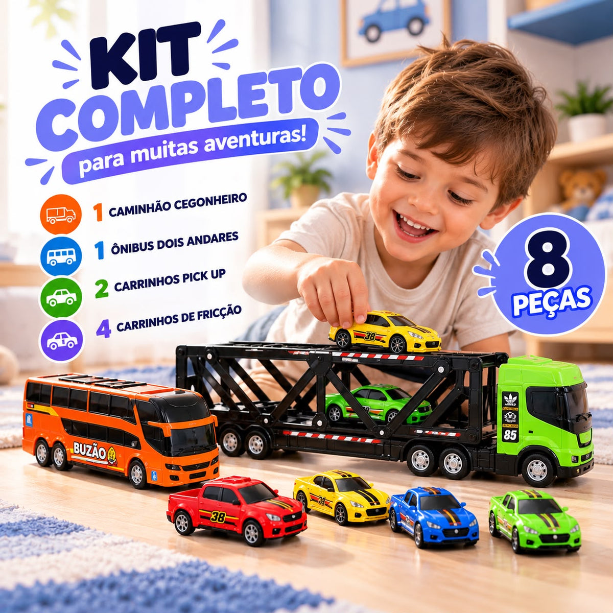 Caminhão cegonha de brinquedo com ônibus e carrinhos