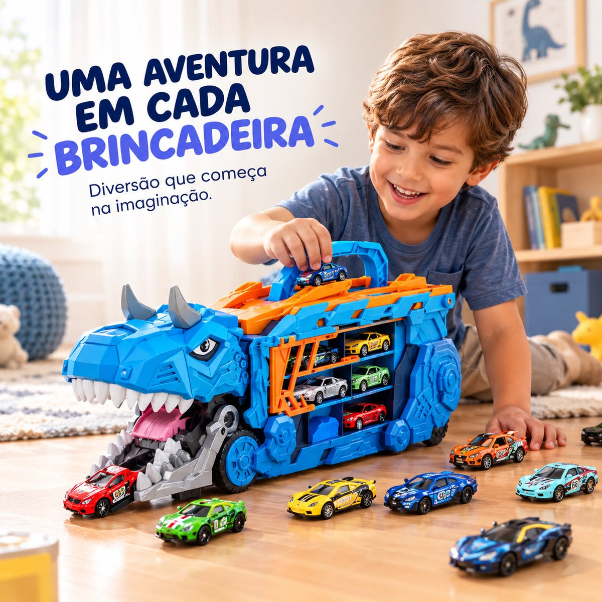 Caminhão dinossauro engolidor com 4 carrinhos de fricção