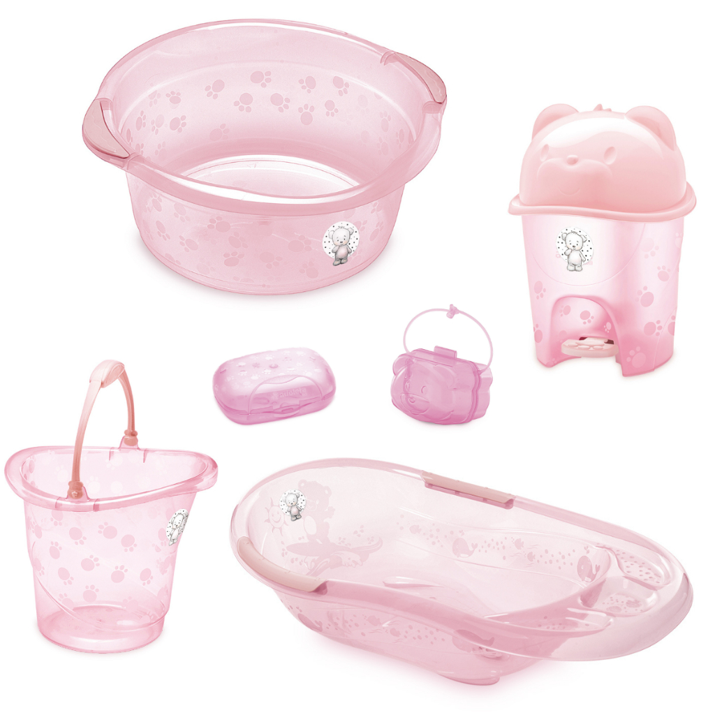 Kit Banheira Bebe Infantil Adoleta Super Resistente com Válvula de Escape Bacia Balde Lixeira Saboneteira Baby - Menina