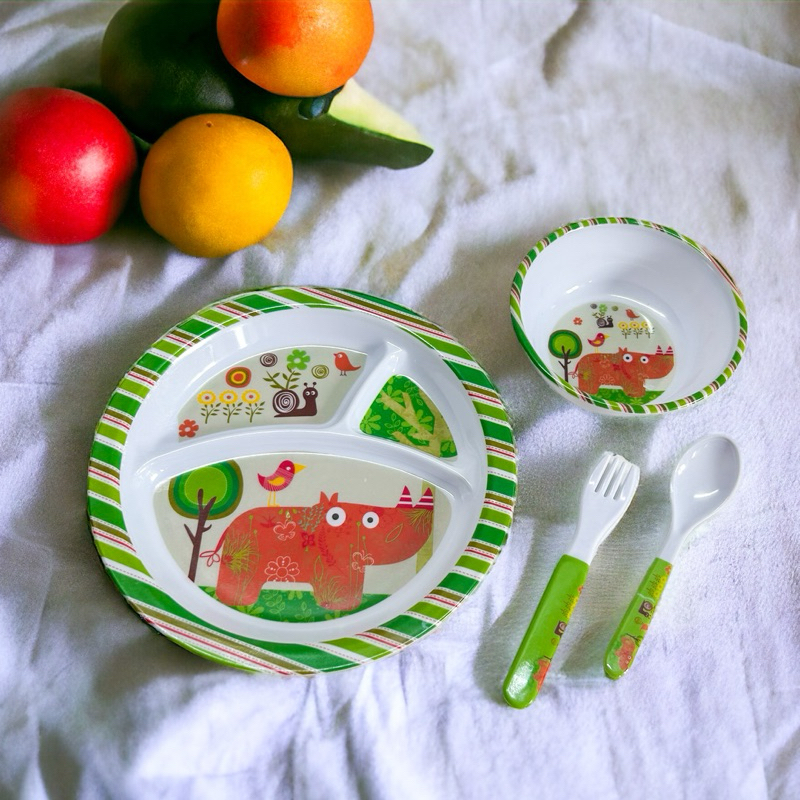 Kit Alimentação Pratinho Melanina Com Garfo e Faca Infantil Bebê Primeira Idade