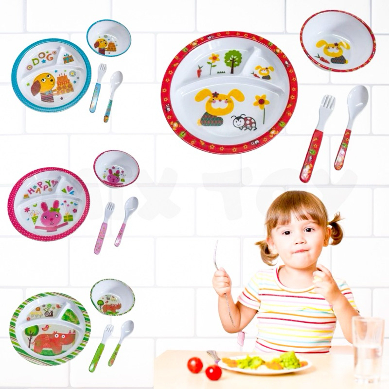 Kit Alimentação Pratinho Melanina Com Garfo e Faca Infantil Bebê Primeira Idade
