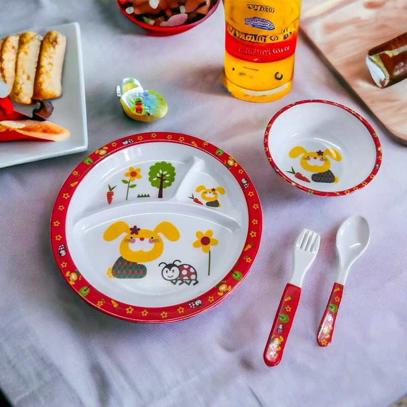 Kit Alimentação Pratinho Melanina Com Garfo e Faca Infantil Bebê Primeira Idade