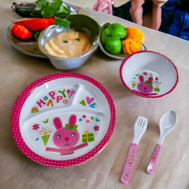 Kit Alimentação Pratinho Melanina Com Garfo e Faca Infantil Bebê Primeira Idade