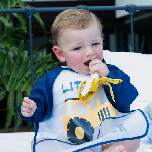 Babador Impermeável Azul ou Rosa com Mangas para Bebê BLW Introdução Alimentar com Cata Migalhas