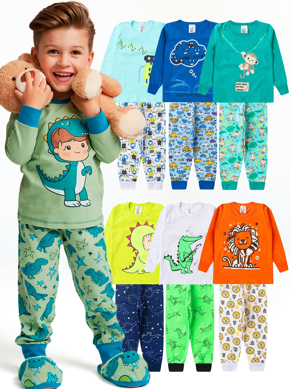 Kit 4 Peças Pijama Brilha no Escuro Sortido Infantil Menino Inverno Roupa Infantil Masculina