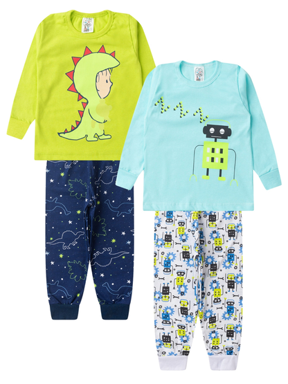 Kit 4 Peças Pijama Brilha no Escuro Sortido Infantil Menino Inverno Roupa Infantil Masculina