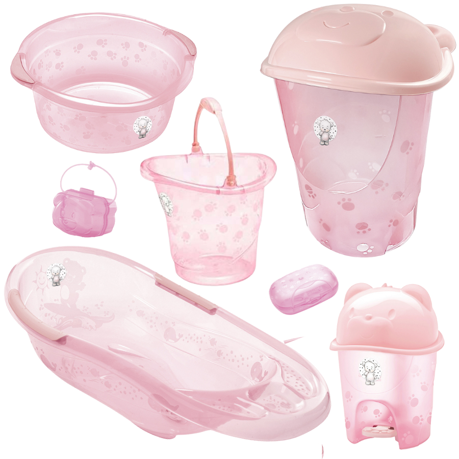 Kit Banheira Bebe Infantil Adoleta Super Resistente com Válvula de Escape Bacia Balde Lixeira Saboneteira Baby - Menina