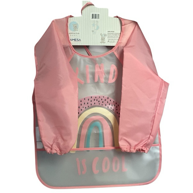 Babador Impermeável Azul ou Rosa com Mangas para Bebê BLW Introdução Alimentar com Cata Migalhas