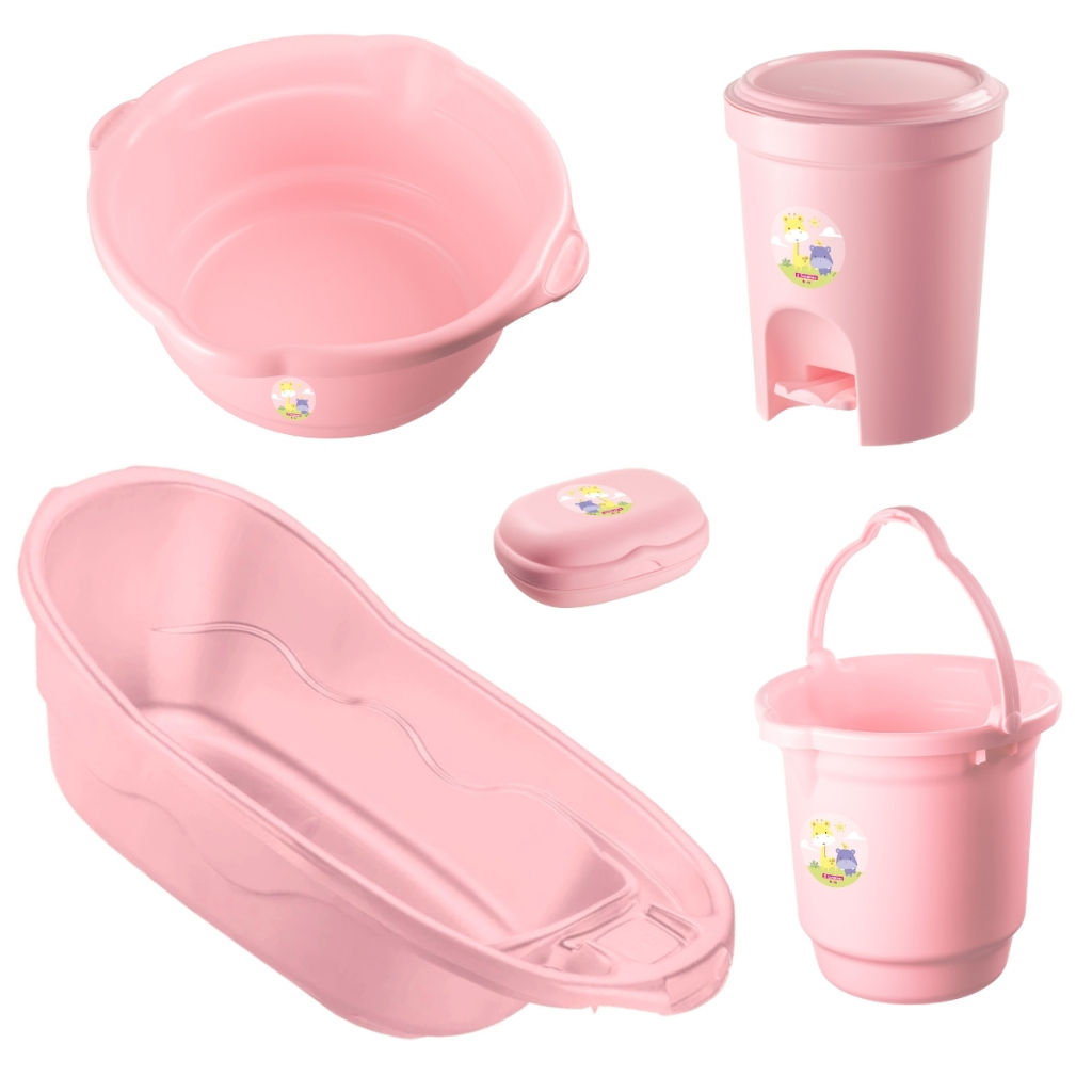Kit Banheira Bebe Infantil Adoleta Super Resistente com Válvula de Escape Bacia Balde Lixeira Saboneteira Baby - Menina