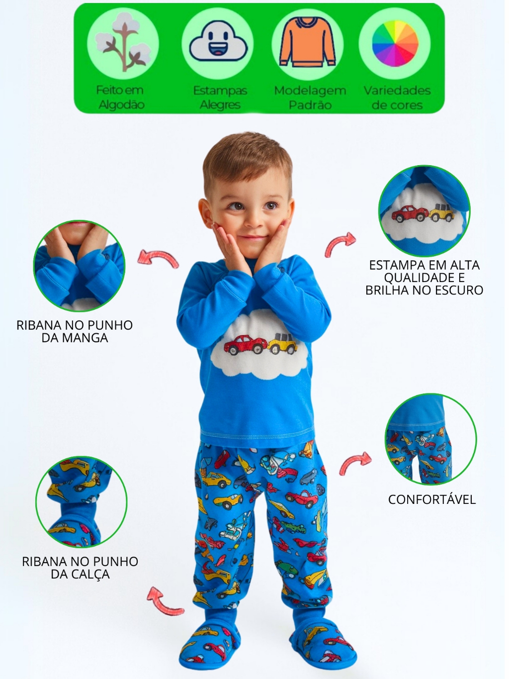 Kit 4 Peças Pijama Brilha no Escuro Sortido Infantil Menino Inverno Roupa Infantil Masculina