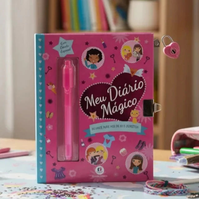 Diário secreto infantil com cadeado e caneta de tinta invisível