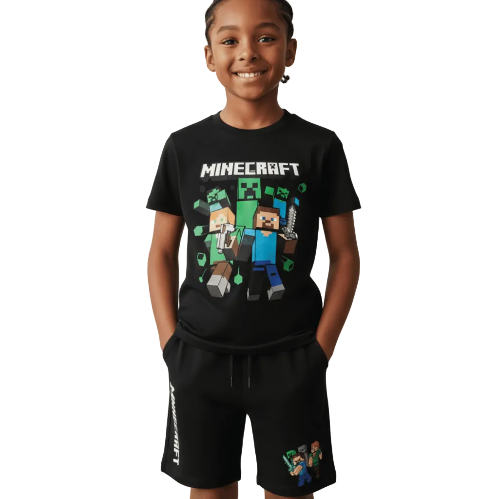 Kit Infantil Minecraft Camiseta E Bermuda Verão Blusa Game Jogo Jovem E Família 100% Algodão E Bermuda Moletom