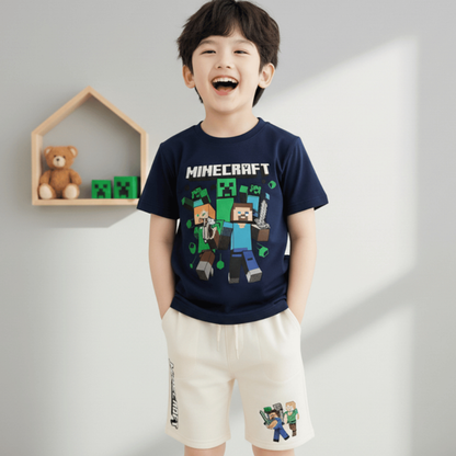 Kit Infantil Minecraft Camiseta E Bermuda Verão Blusa Game Jogo Jovem E Família 100% Algodão E Bermuda Moletom