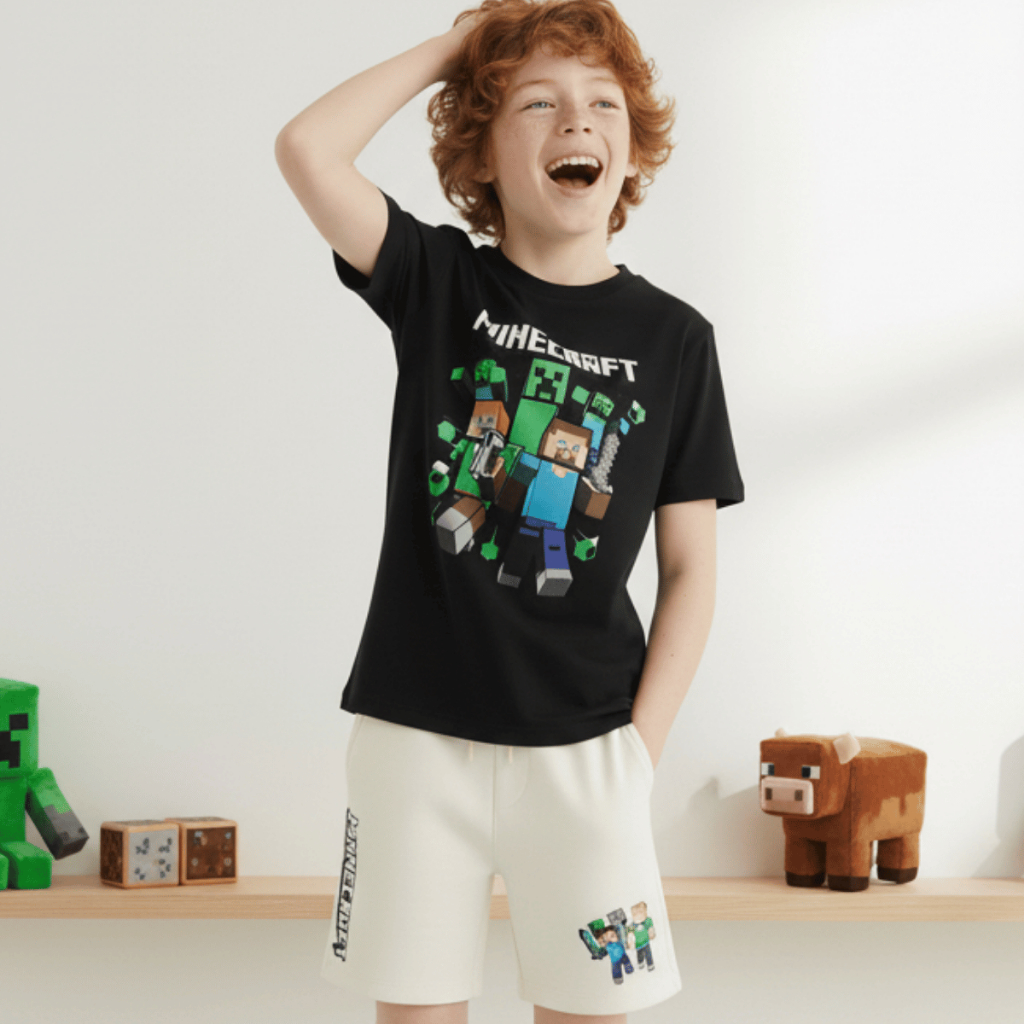 Kit Infantil Minecraft Camiseta E Bermuda Verão Blusa Game Jogo Jovem E Família 100% Algodão E Bermuda Moletom