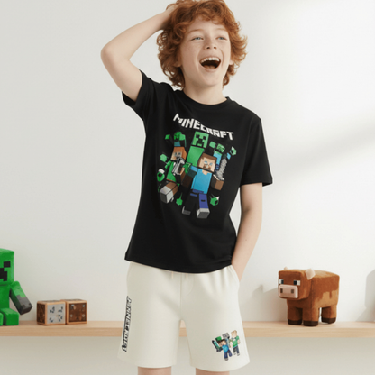 Kit Infantil Minecraft Camiseta E Bermuda Verão Blusa Game Jogo Jovem E Família 100% Algodão E Bermuda Moletom