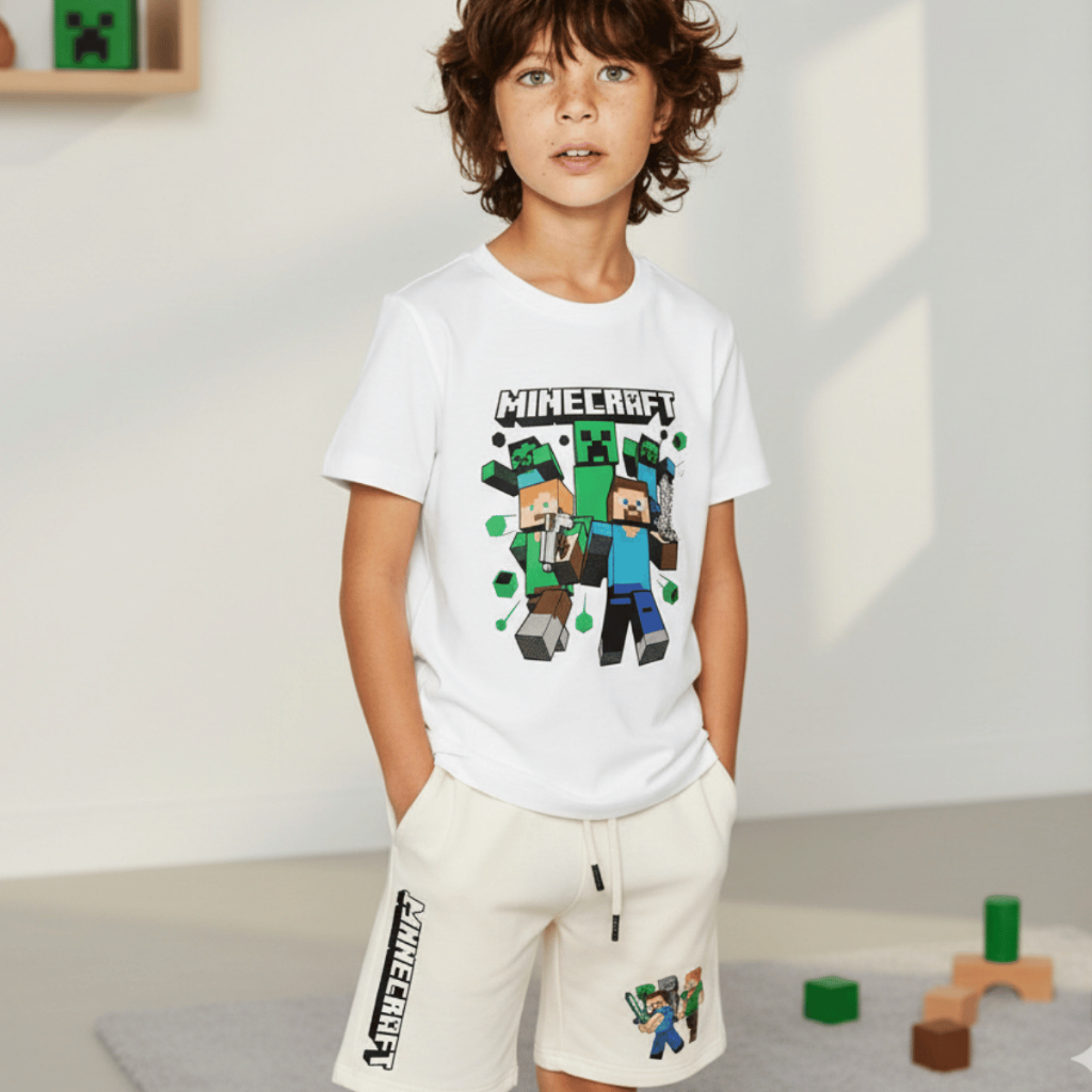 Kit Infantil Minecraft Camiseta E Bermuda Verão Blusa Game Jogo Jovem E Família 100% Algodão E Bermuda Moletom