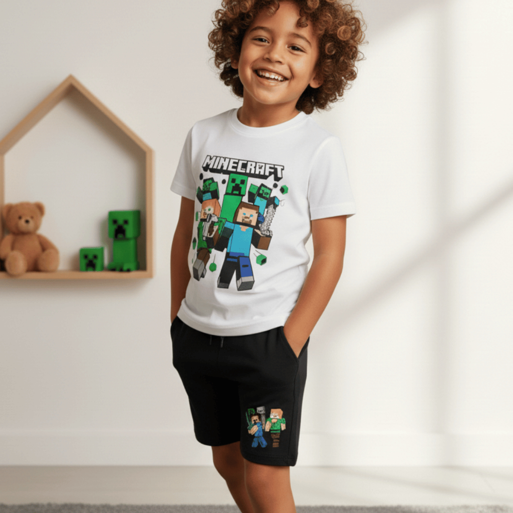 Kit Infantil Minecraft Camiseta E Bermuda Verão Blusa Game Jogo Jovem E Família 100% Algodão E Bermuda Moletom