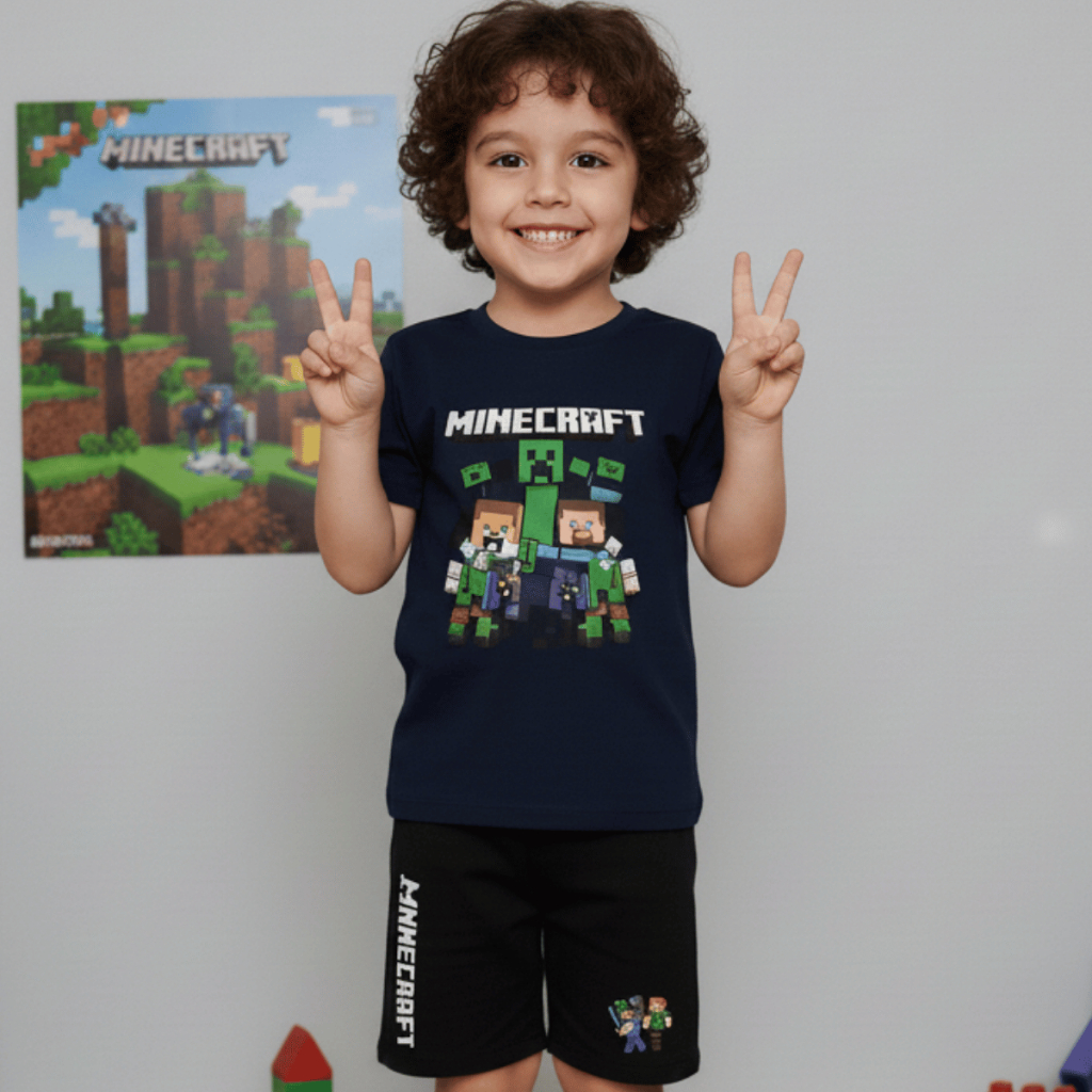Kit Infantil Minecraft Camiseta E Bermuda Verão Blusa Game Jogo Jovem E Família 100% Algodão E Bermuda Moletom