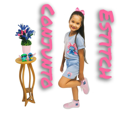conjunto infantil short saia menina Stitch feminina passeio blogueira