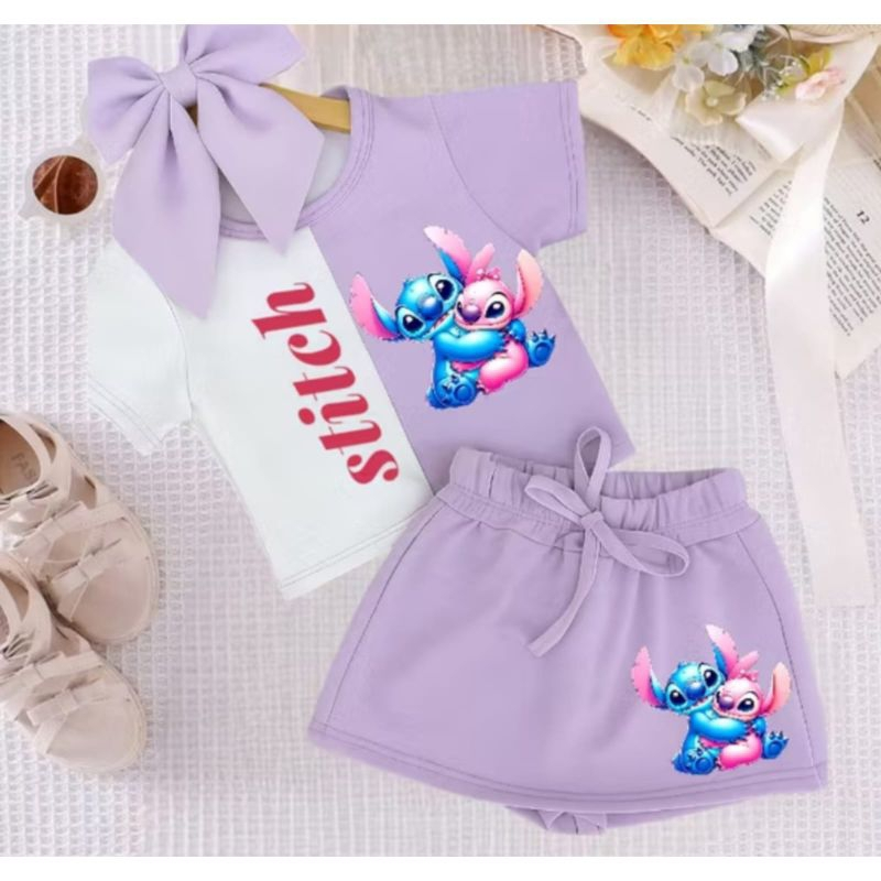 conjunto infantil short saia menina Stitch feminina passeio blogueira