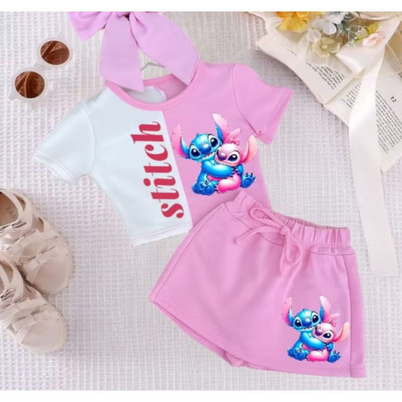 conjunto infantil short saia menina Stitch feminina passeio blogueira