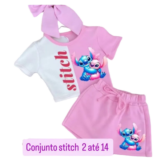 conjunto infantil short saia menina Stitch feminina passeio blogueira
