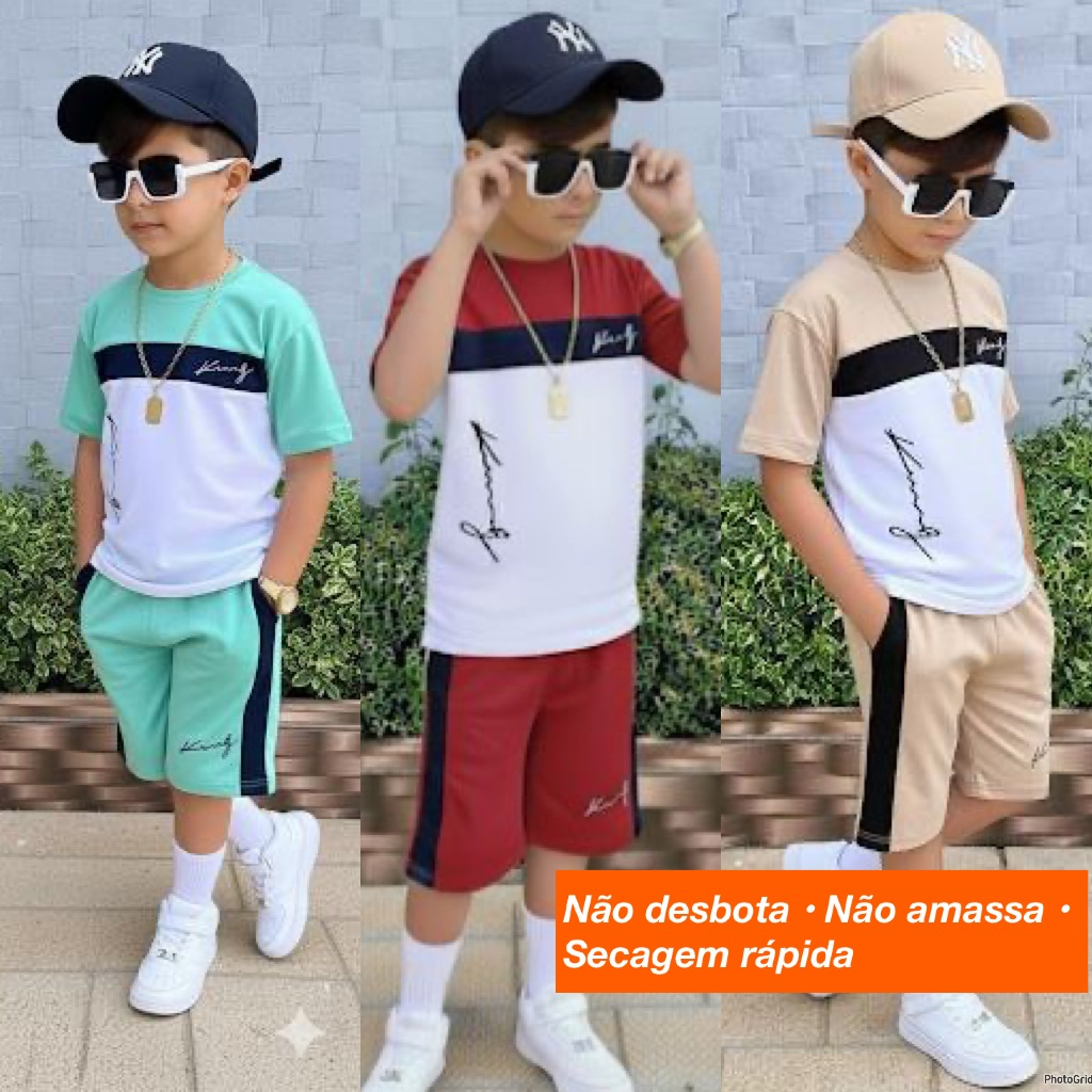Conjunto Infantil Masculino Verão Camiseta + Bermuda Dry Fit Roupas Menino 2 ao 12 Anos Estiloso