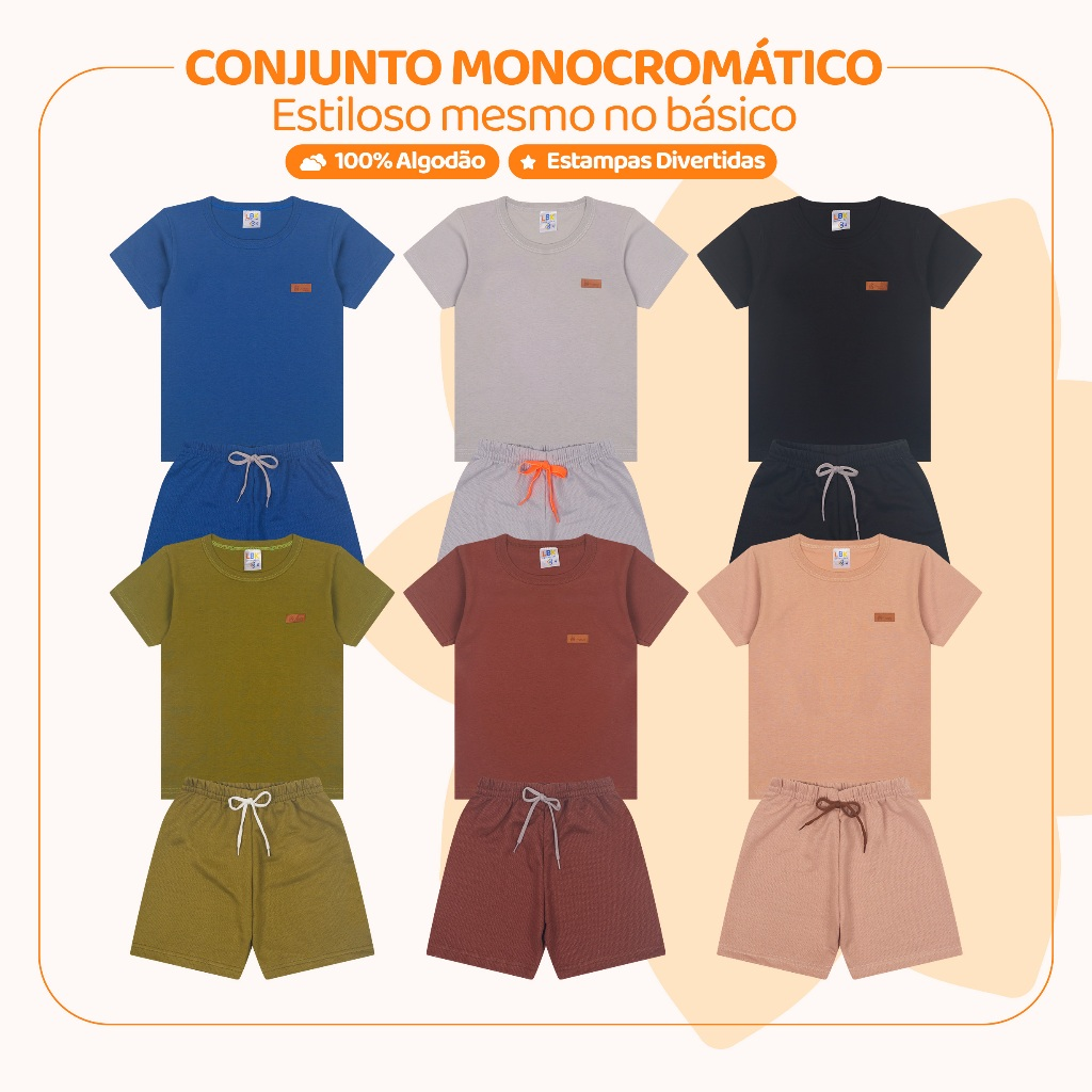 Kit 2, 6 ou 10 Peças de Roupa Infantil de Menino Estilo Casual Minimalista Monocromático Verão Bebe Menino Casual