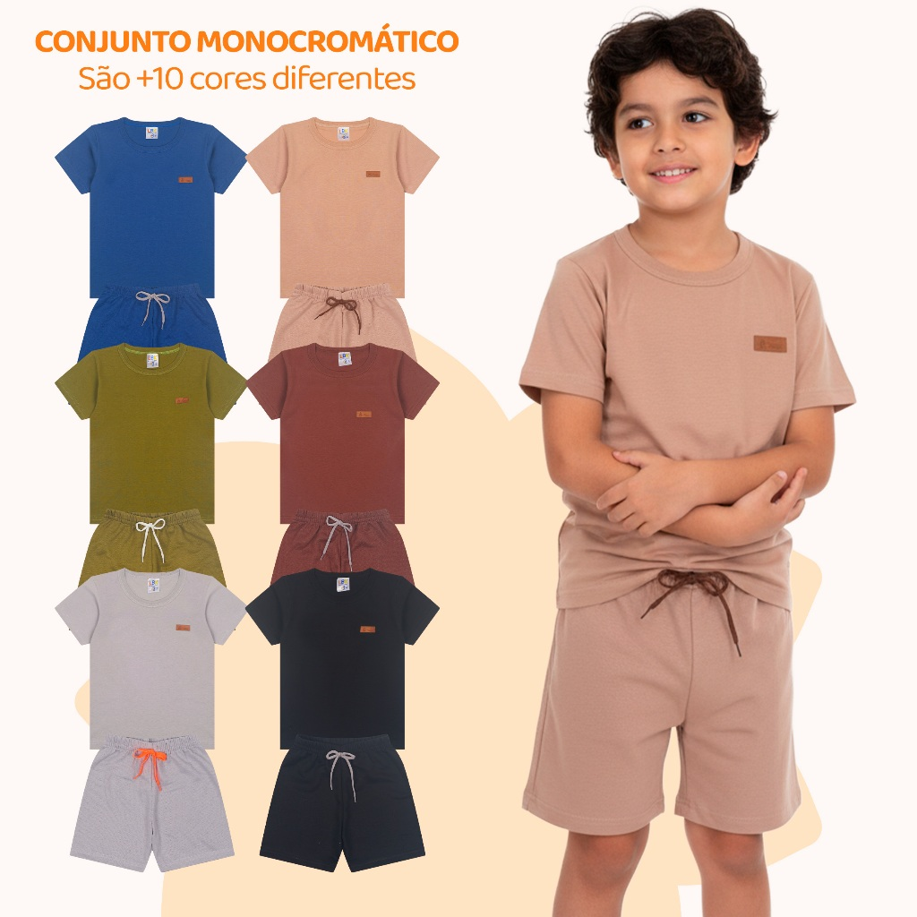 Kit 2, 6 ou 10 Peças de Roupa Infantil de Menino Estilo Casual Minimalista Monocromático Verão Bebe Menino Casual