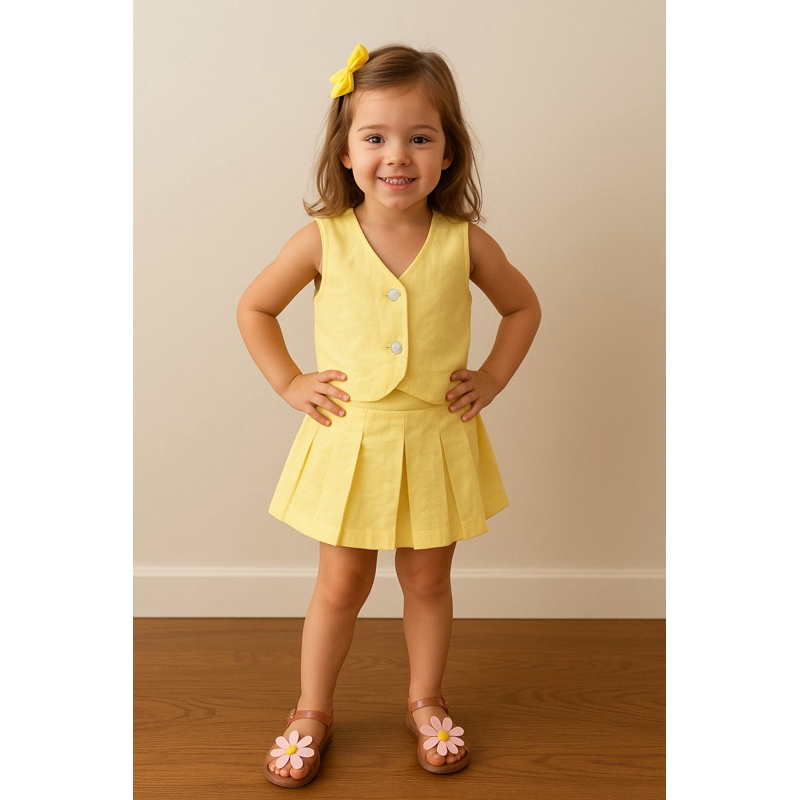 Conjunto Infantil menina 4 ao 10 alfaiataria/linho colete e shorts saia plissada– Look Menina Fashion Roupas Infantil