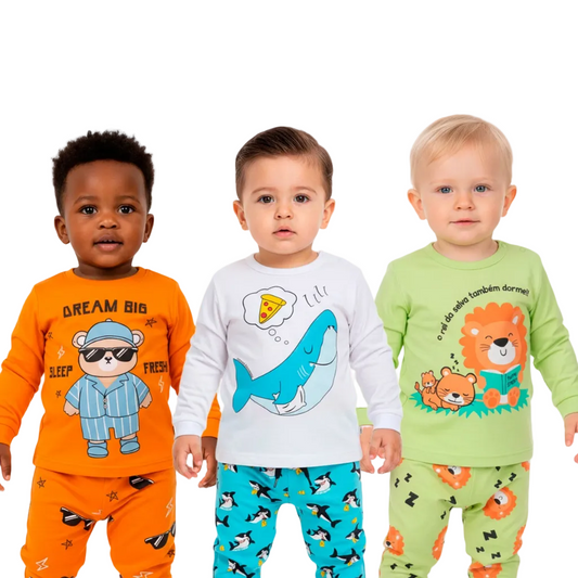 Pijama Bebe Menino Manga Longa – Escolha Seu Modelo, com Estampas Fofas e Conforto Infantil Masculino Frio Inverno l03