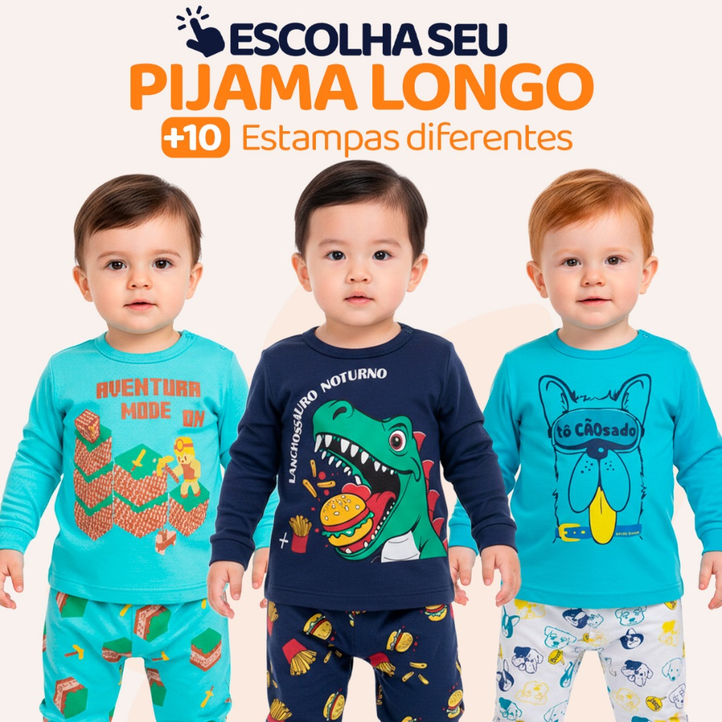 Pijama Bebe Menino Manga Longa – Escolha Seu Modelo, com Estampas Fofas e Conforto Infantil Masculino Frio Inverno l03