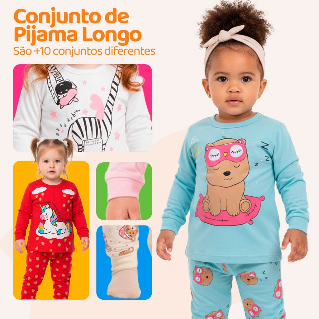 Pijama Infantil Bebe Menina Manga Longa Escolha Seu Modelo, Estampas Fofas e Conforto Infantil Feminino Frio Inverno l02