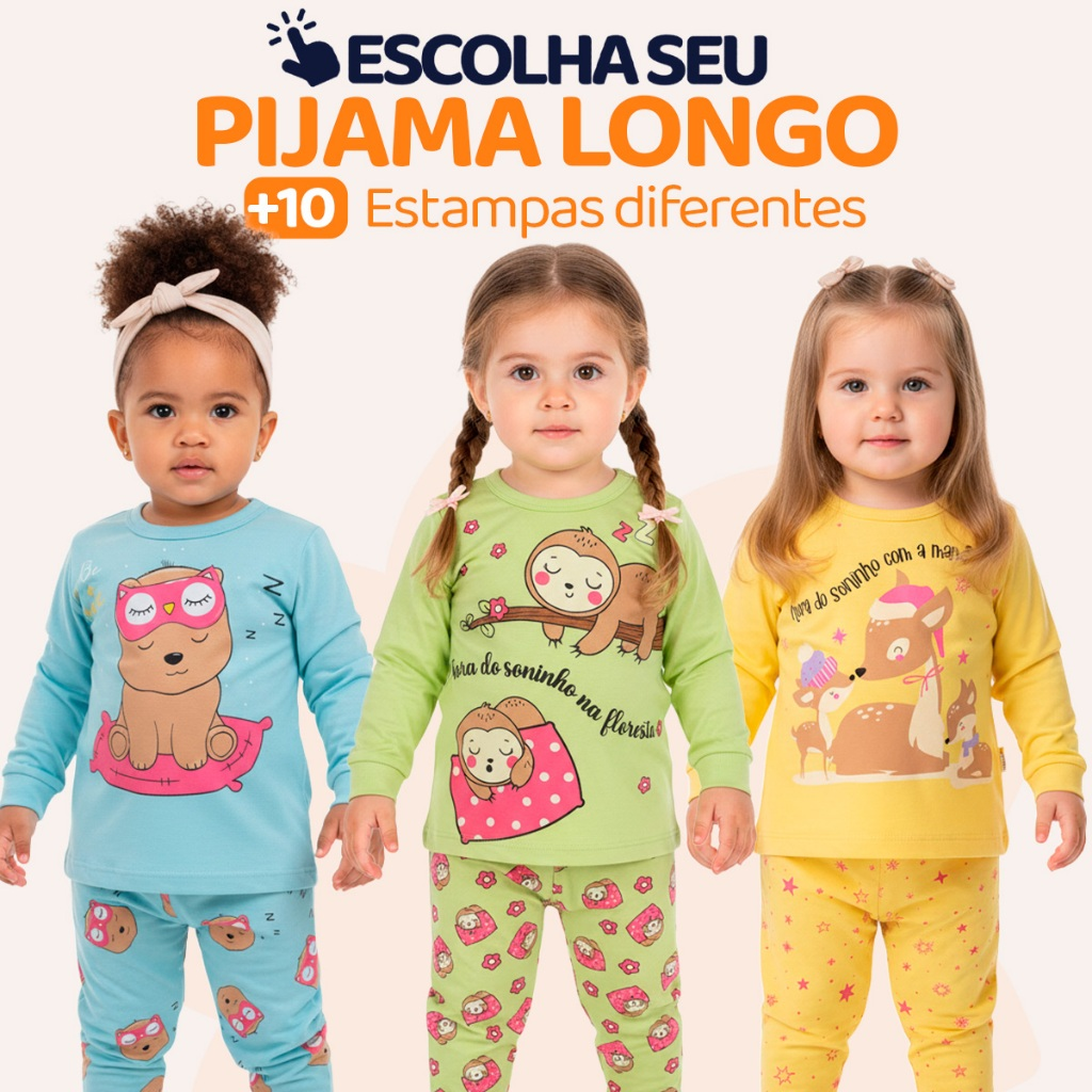 Pijama Infantil Bebe Menina Manga Longa Escolha Seu Modelo, Estampas Fofas e Conforto Infantil Feminino Frio Inverno l02