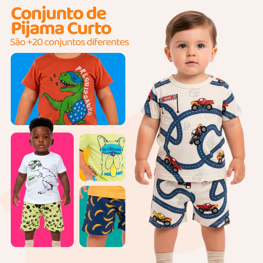 Pijama Curto Bebê Menino Confortável Roupa de Bebê para Dormir Pijama Verão Bebê Masculino do 1 ao 10 l06