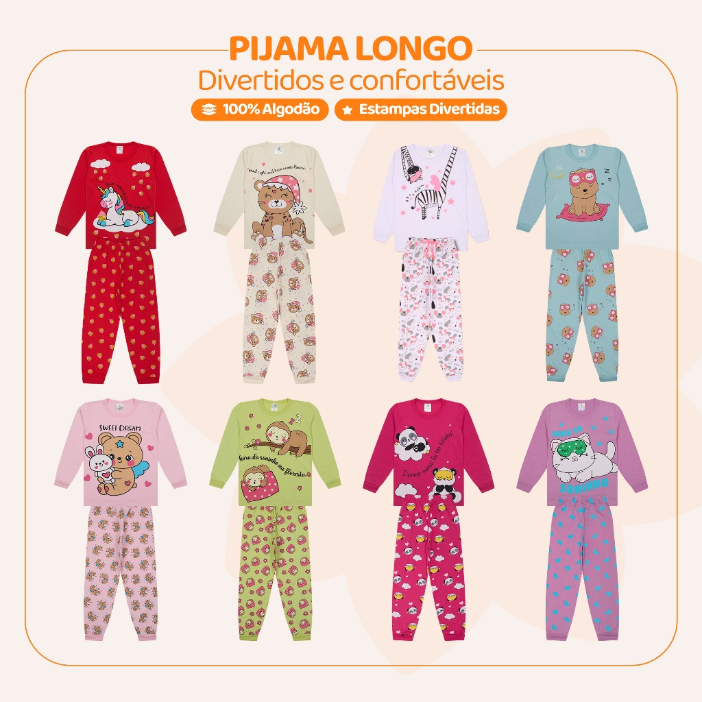 Kit 4 Peças Pijama Infantil Menina Manga Comprida Tamanho 1 ao 10