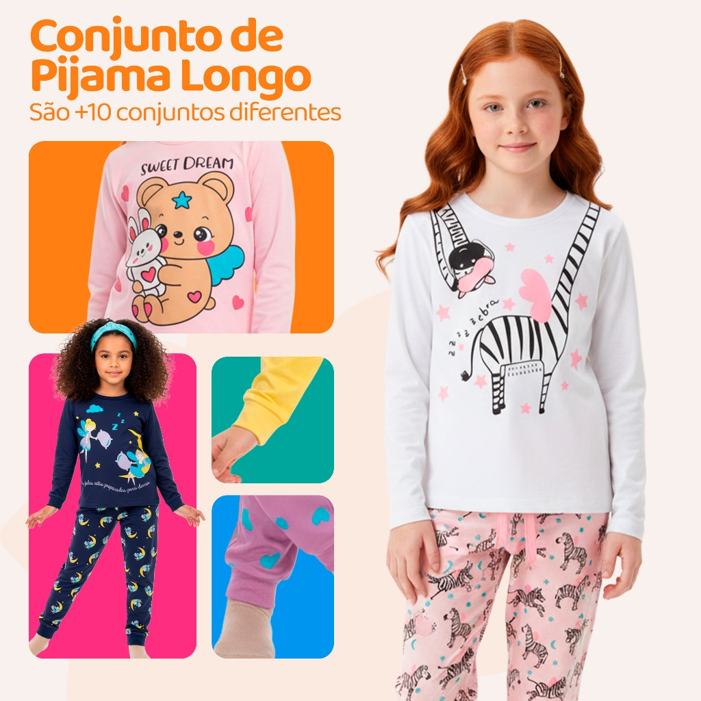 Kit 4 Peças Pijama Infantil Menina Manga Comprida Tamanho 1 ao 10
