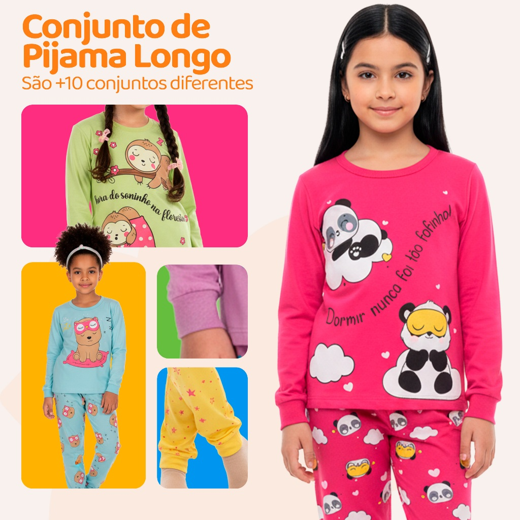 Kit 4 Peças Pijama Infantil Menina Manga Comprida Tamanho 1 ao 10