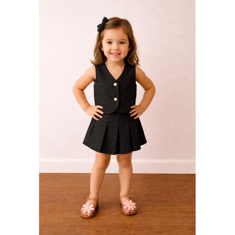 Conjunto Infantil menina 4 ao 10 alfaiataria/linho colete e shorts saia plissada– Look Menina Fashion Roupas Infantil