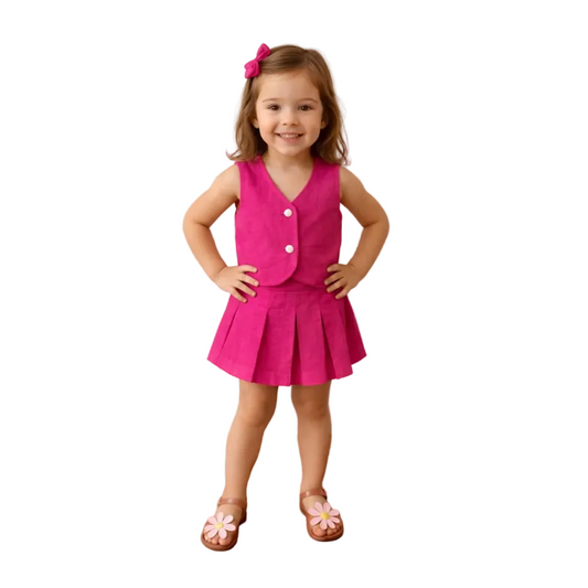 Conjunto Infantil menina 4 ao 10 alfaiataria/linho colete e shorts saia plissada– Look Menina Fashion Roupas Infantil