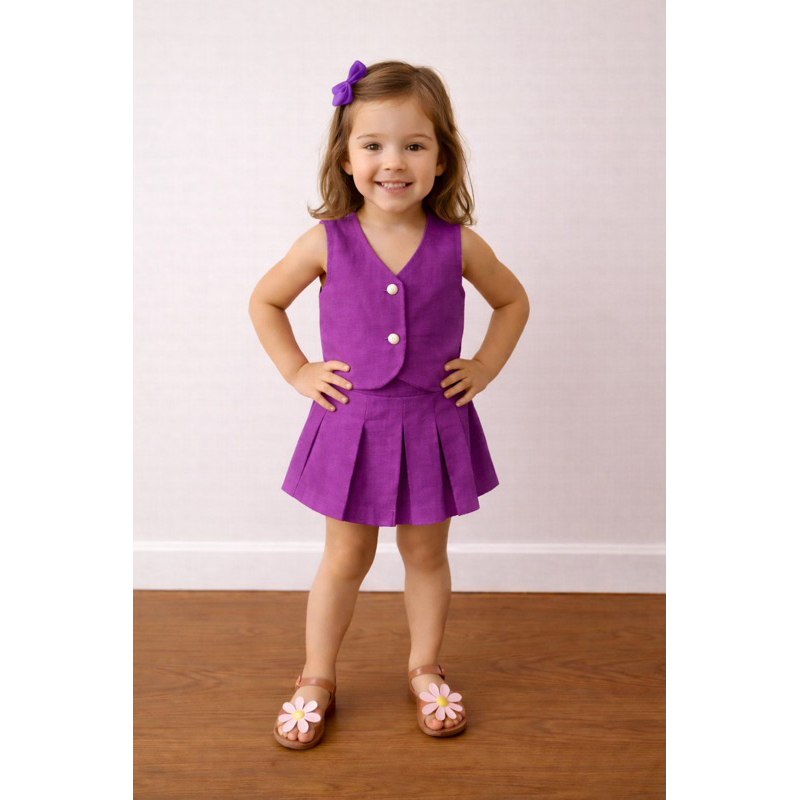 Conjunto Infantil menina 4 ao 10 alfaiataria/linho colete e shorts saia plissada– Look Menina Fashion Roupas Infantil