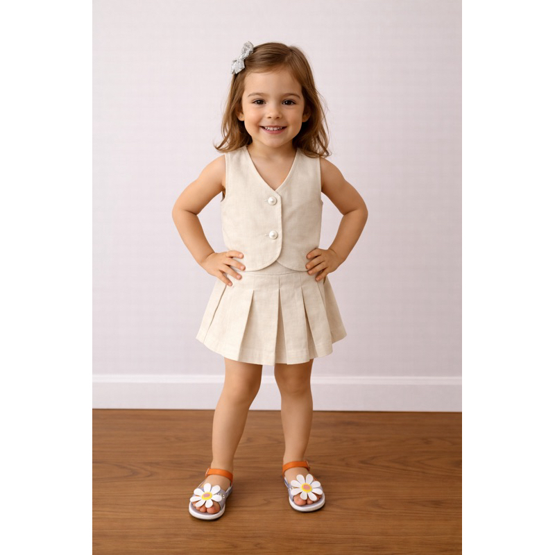 Conjunto Infantil menina 4 ao 10 alfaiataria/linho colete e shorts saia plissada– Look Menina Fashion Roupas Infantil