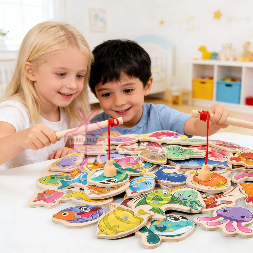 Pescaria magnética de madeira Montessori com 54 peças