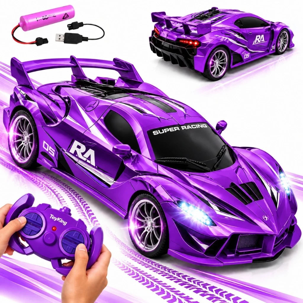 Carrinho de controle remoto rosa e roxo com controle