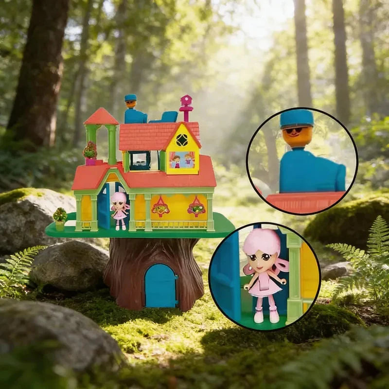 Casinha de boneca colorida com bonecos inclusos