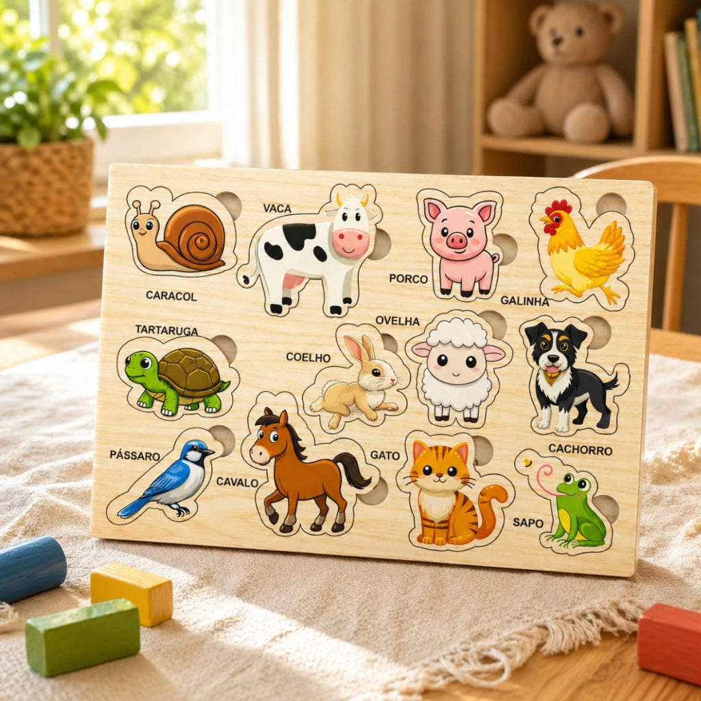 Tabuleiro de madeira com 12 animais e nomes
