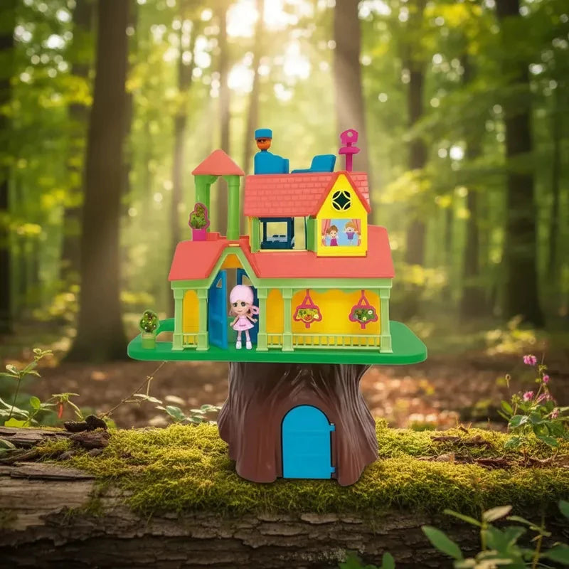 Casa de bonecas na árvore com varanda e acessórios