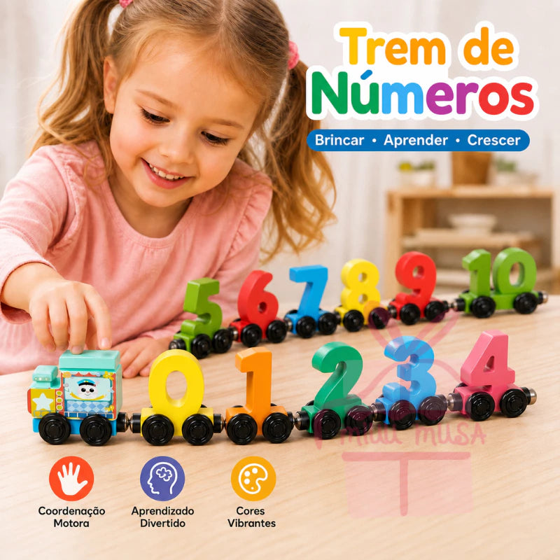 Trem Magnético de Madeira com Números 0-10 - Brinquedo Educativo Montessori para Aprender Contar, Cores e Matemática